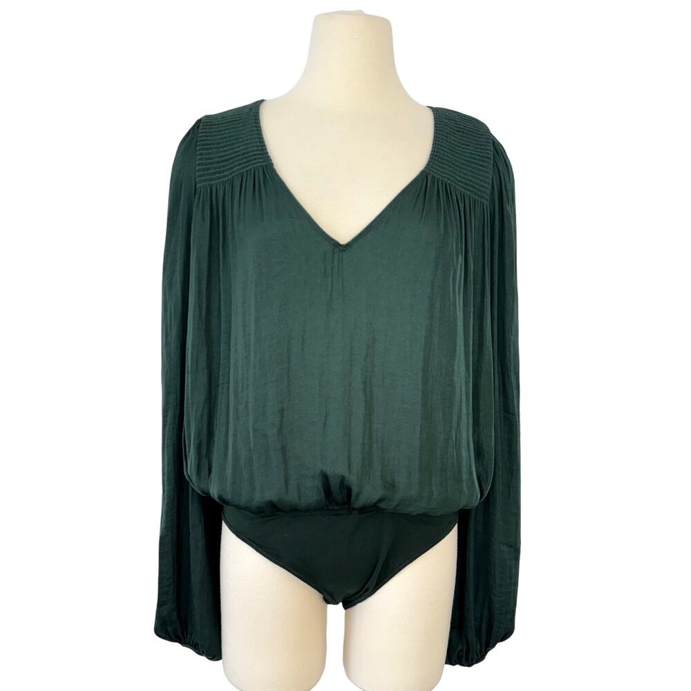 Free People Smokin n Rockin Bodysuit Long Sleeve V-Neck in Green S